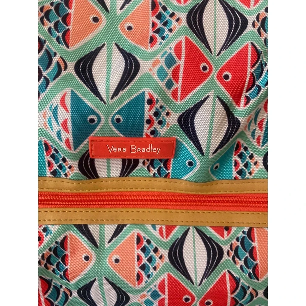 Vera Bradley Fish Print Drawstring Backpack Coral Teal Geometric Beach‎ Gym Bag